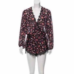Saylor Floral Lace Trim Romper in Black Size XS